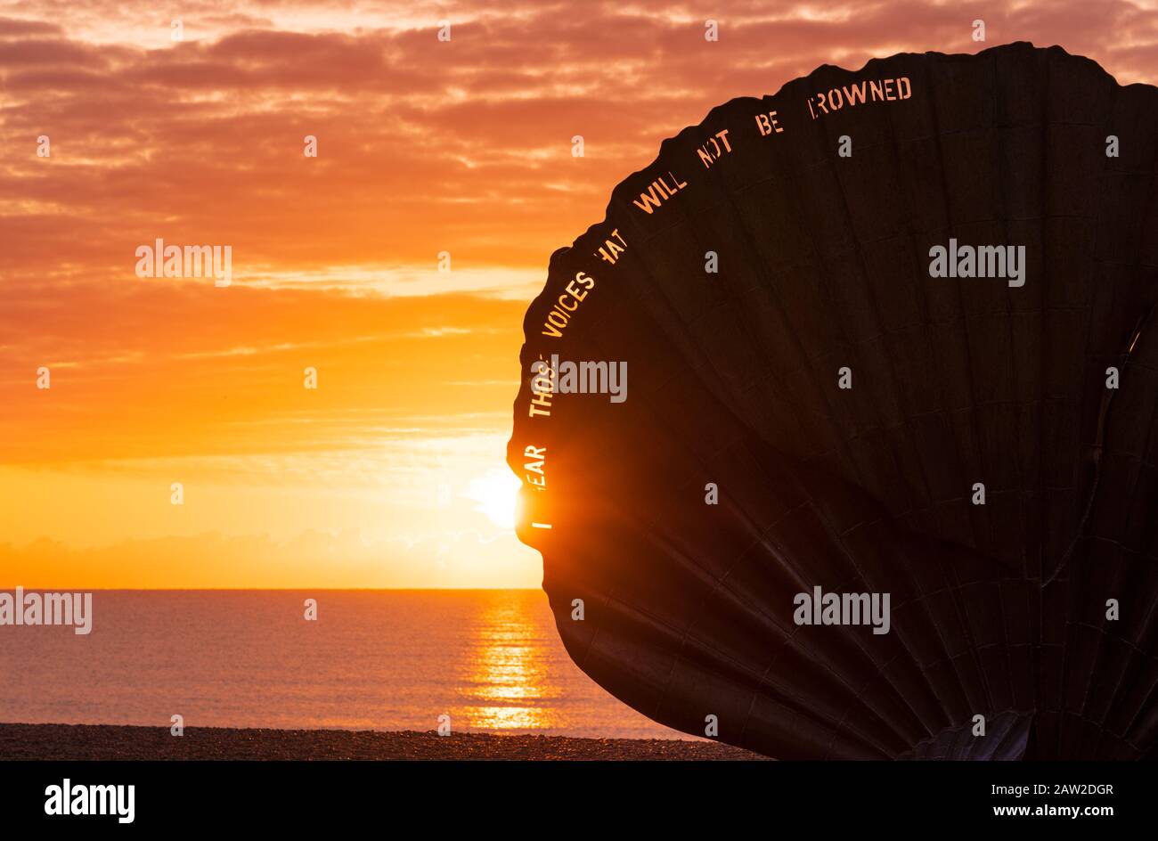 Sunrise at the Scallop on Aldeburgh beach. Suffolk. UK Stock Photo