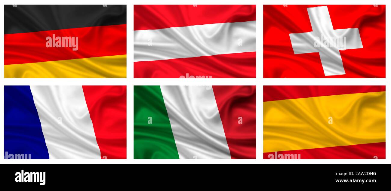 Set von Fahnen Flaggen von Deutschland, Österreich, Schweiz, Frankreich, Italien, Spanien Stock Photo