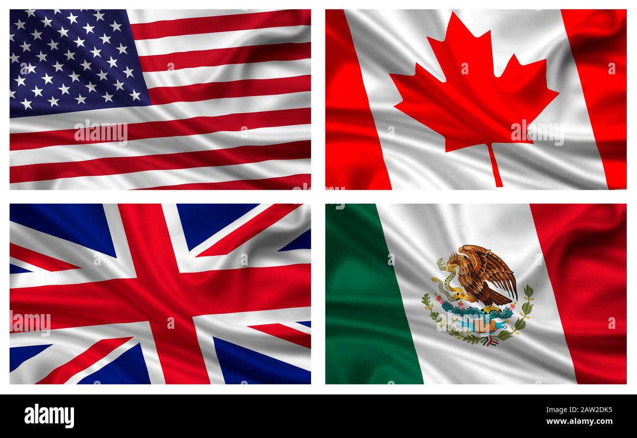 Set von Fahnen Flaggen von USA, Amerika, Kanada, Großbritannien, Mexiko Stock Photo