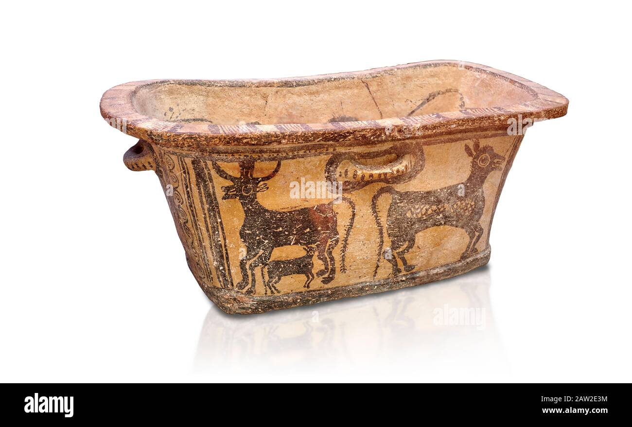 Minoan  pottery bath tub  larnax decorated with a cow nursing a calf,  Episkopi-Lerapetra 1350-1250 BC, Heraklion Archaeological  Museum, white backgr Stock Photo