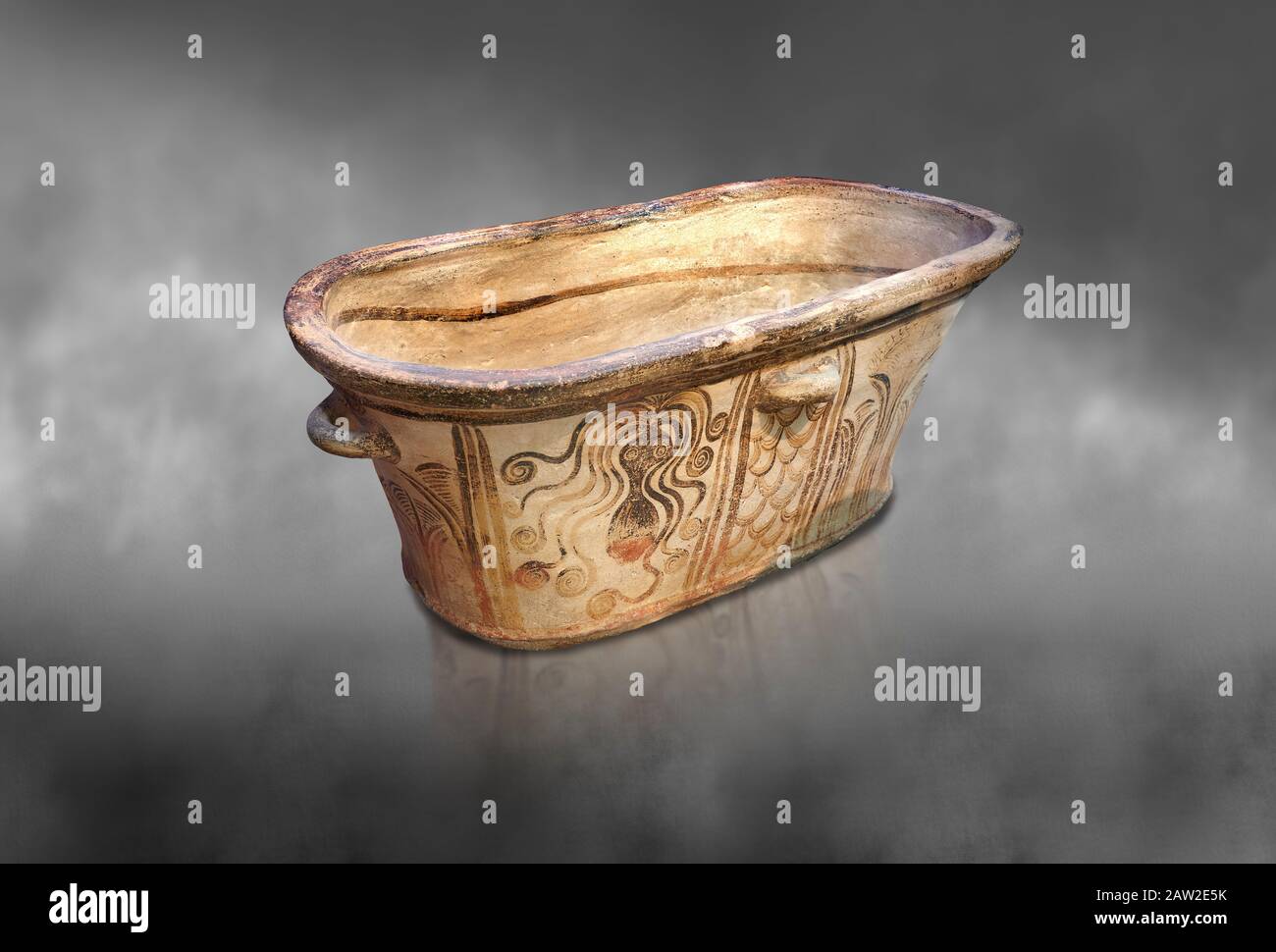 Minoan  pottery bath tub  larnax decorated with stylised octopuses,  Episkopi-Lerapetra 1350-1250 BC, Heraklion Archaeological  Museum, grey backgroun Stock Photo