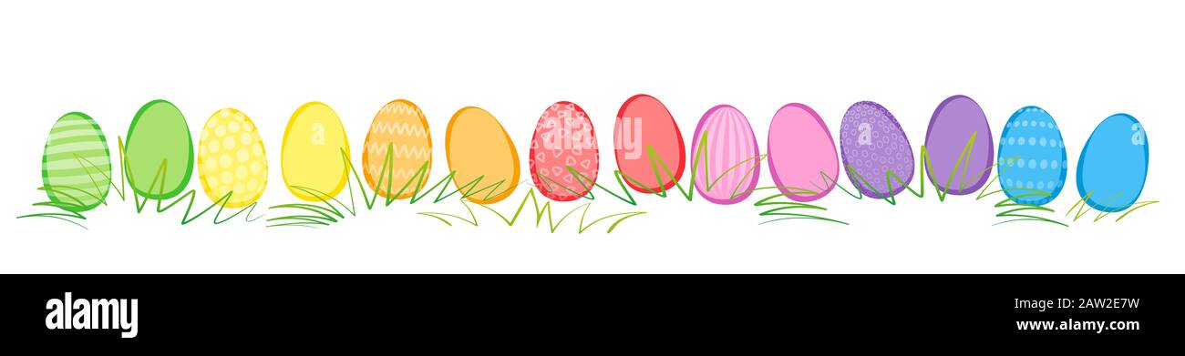 Easter eggs, comic style, in a row with different colors and patterns. Rainbow colored illustration on white background. Stock Photo