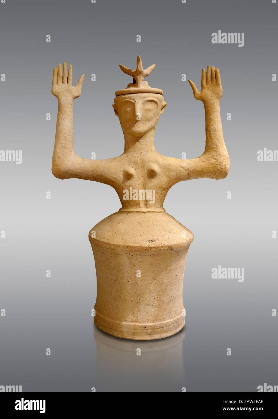 Minoan Postpalatial terracotta goddess statue with raised arms and horn ...