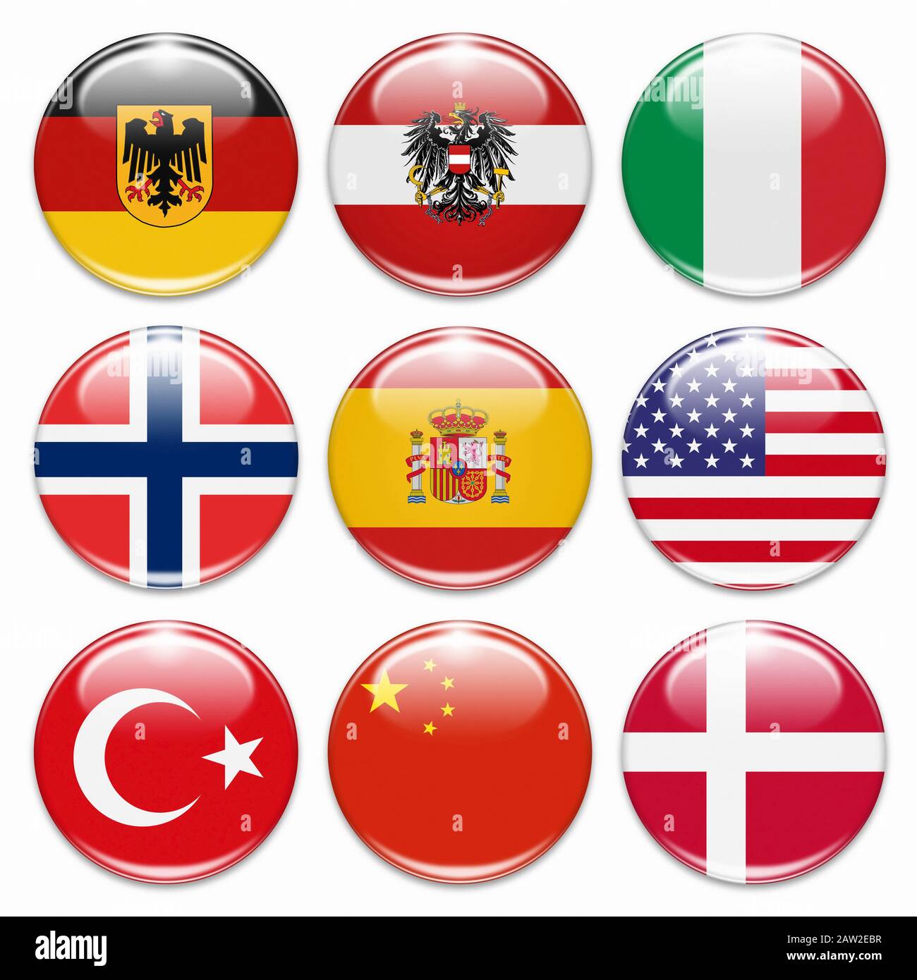buttons of  germany, austria, italy, norway, spain, usa, turkey, china, and denmark isolated on white Stock Photo