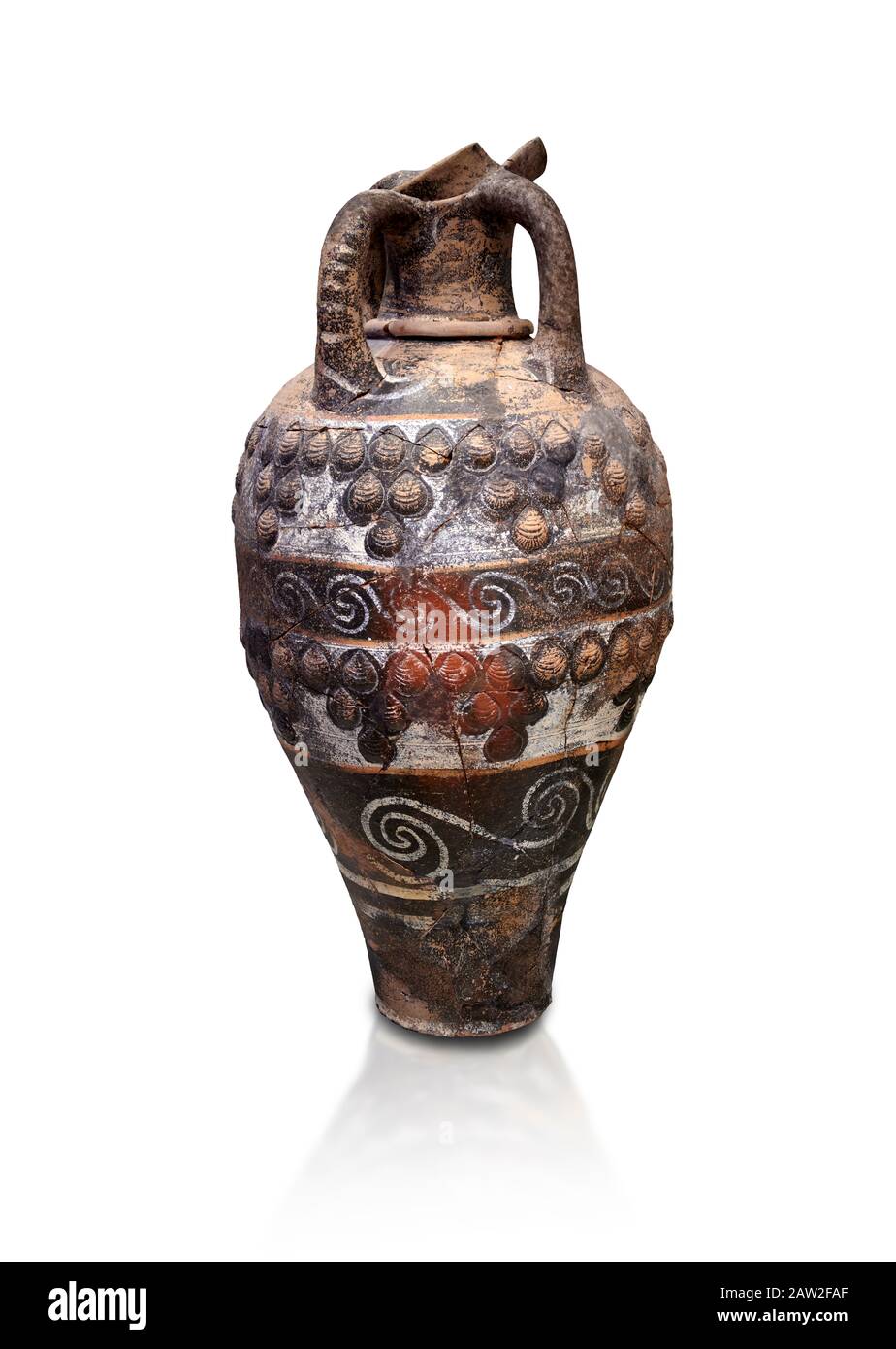 Minoan Kamares Ware ewer jug with applique seashell decorations , Phaistos 1800-1700 BC; Heraklion Archaeological  Museum, white background.  This sty Stock Photo