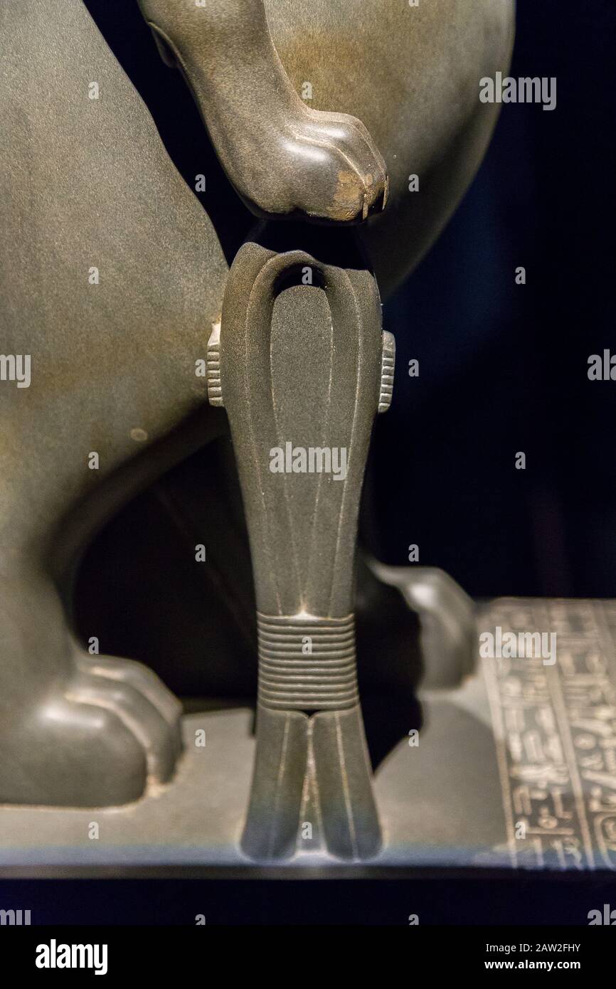 Opening visit of the exhibition “Osiris, Egypt's Sunken Mysteries”.  Detail of a statue of the goddess Taweret (Thoueris). Stock Photo