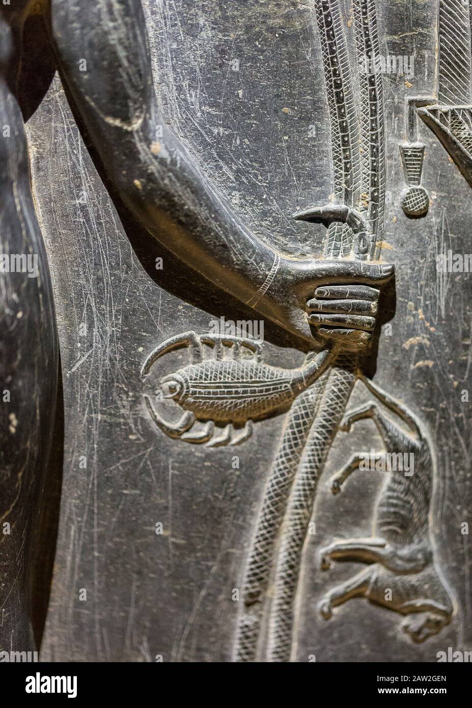 Photo taken during the opening visit of the exhibition “Osiris, Egypt's Sunken Mysteries”. Egypt, Cairo, Egyptian Museum, detail of an Horus stela. Stock Photo
