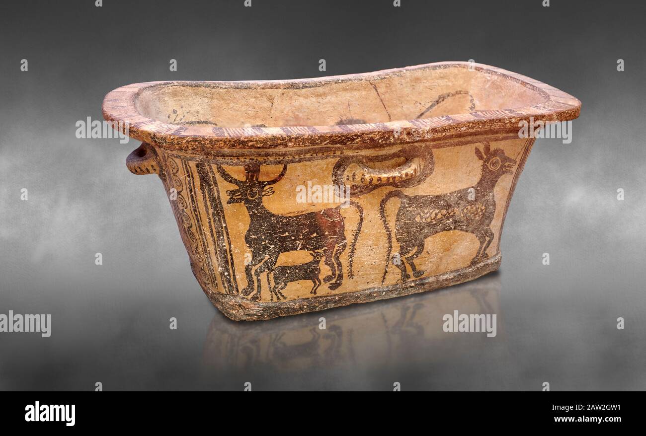 Minoan  pottery bath tub  larnax decorated with a cow nursing a calf,  Episkopi-Lerapetra 1350-1250 BC, Heraklion Archaeological  Museum, grey backgro Stock Photo