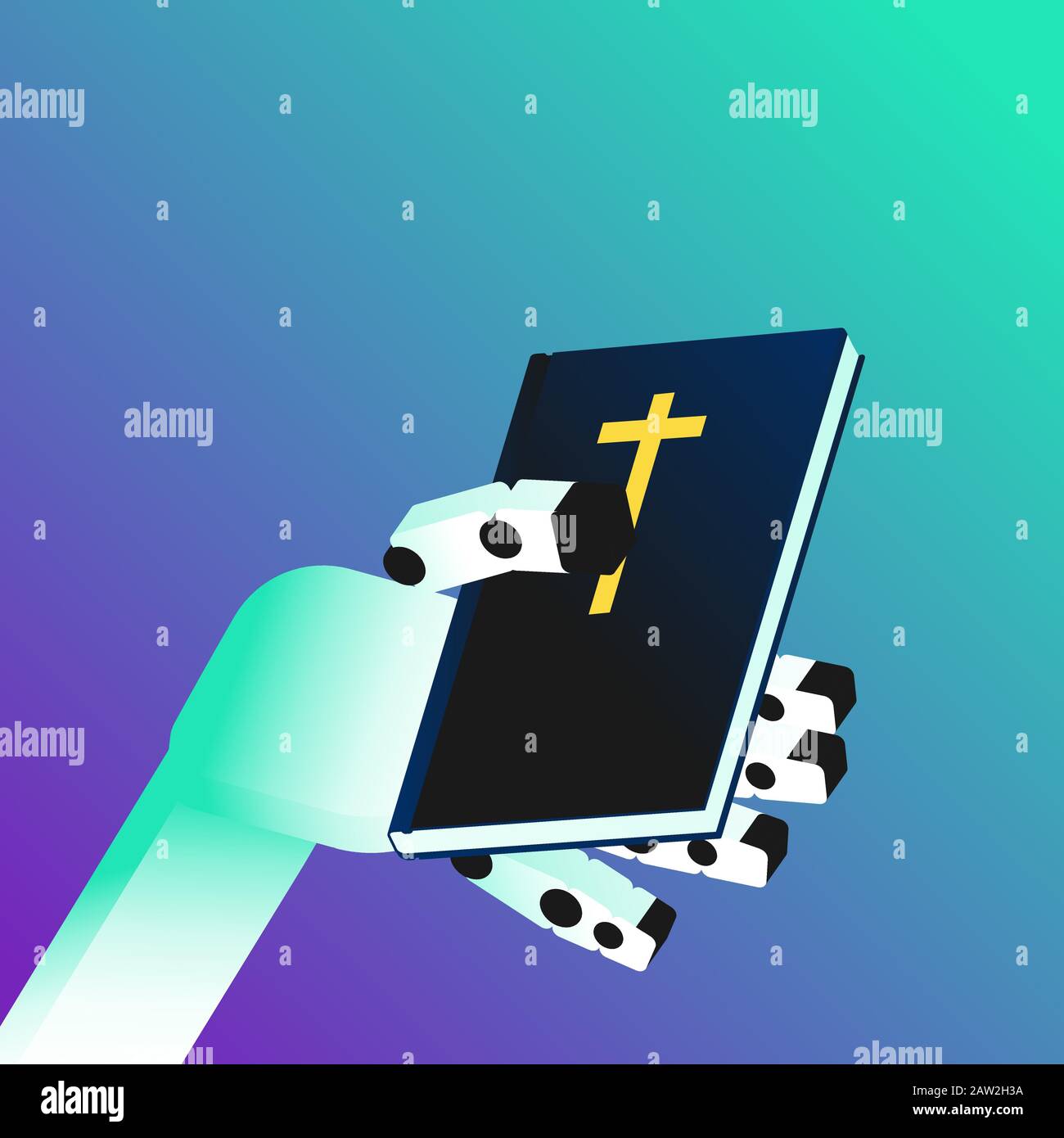 Robotic arm is holding Bible book. Isolated on blue background. vector ...