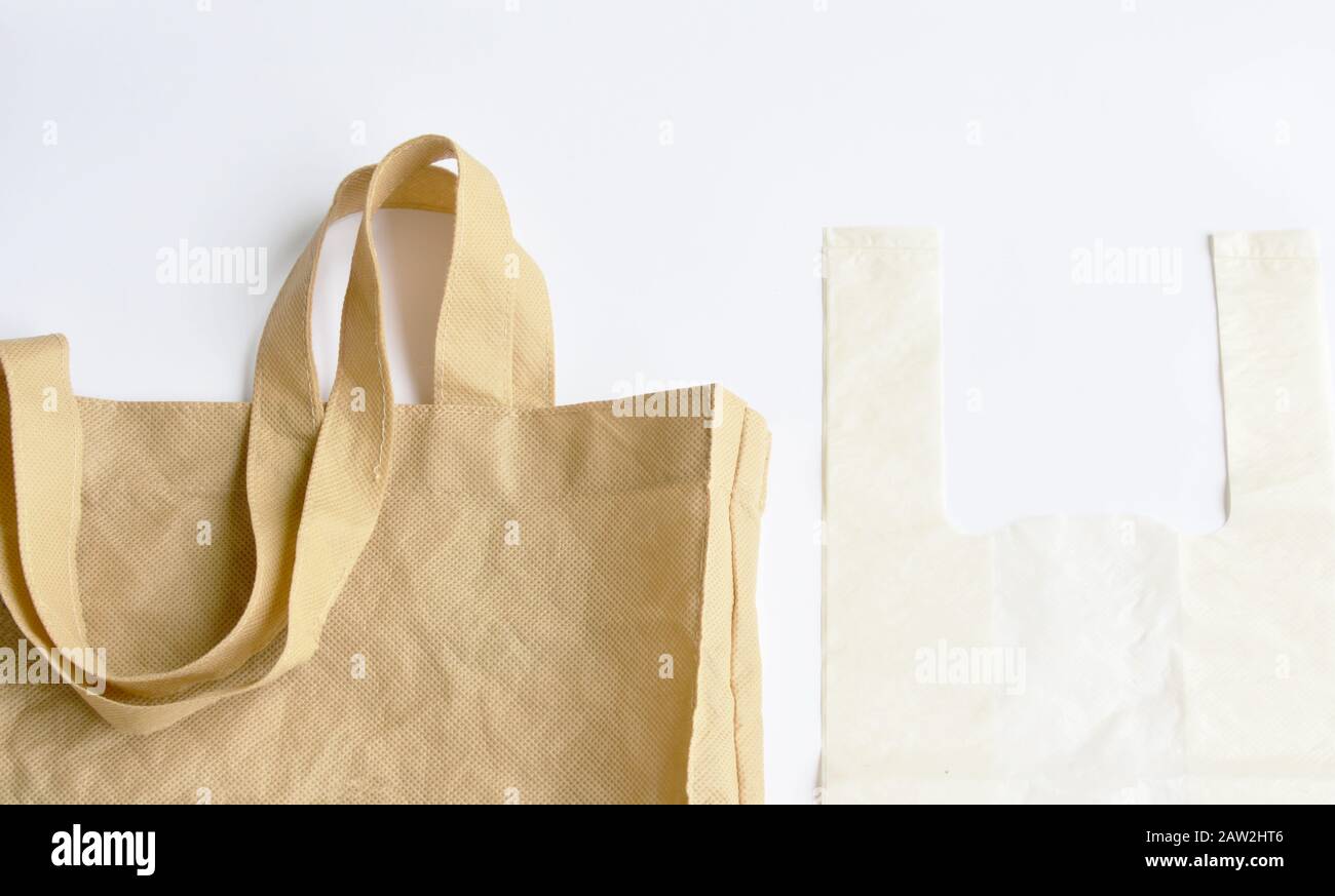 fabric and plastic bag optional for environment concern on white background Stock Photo