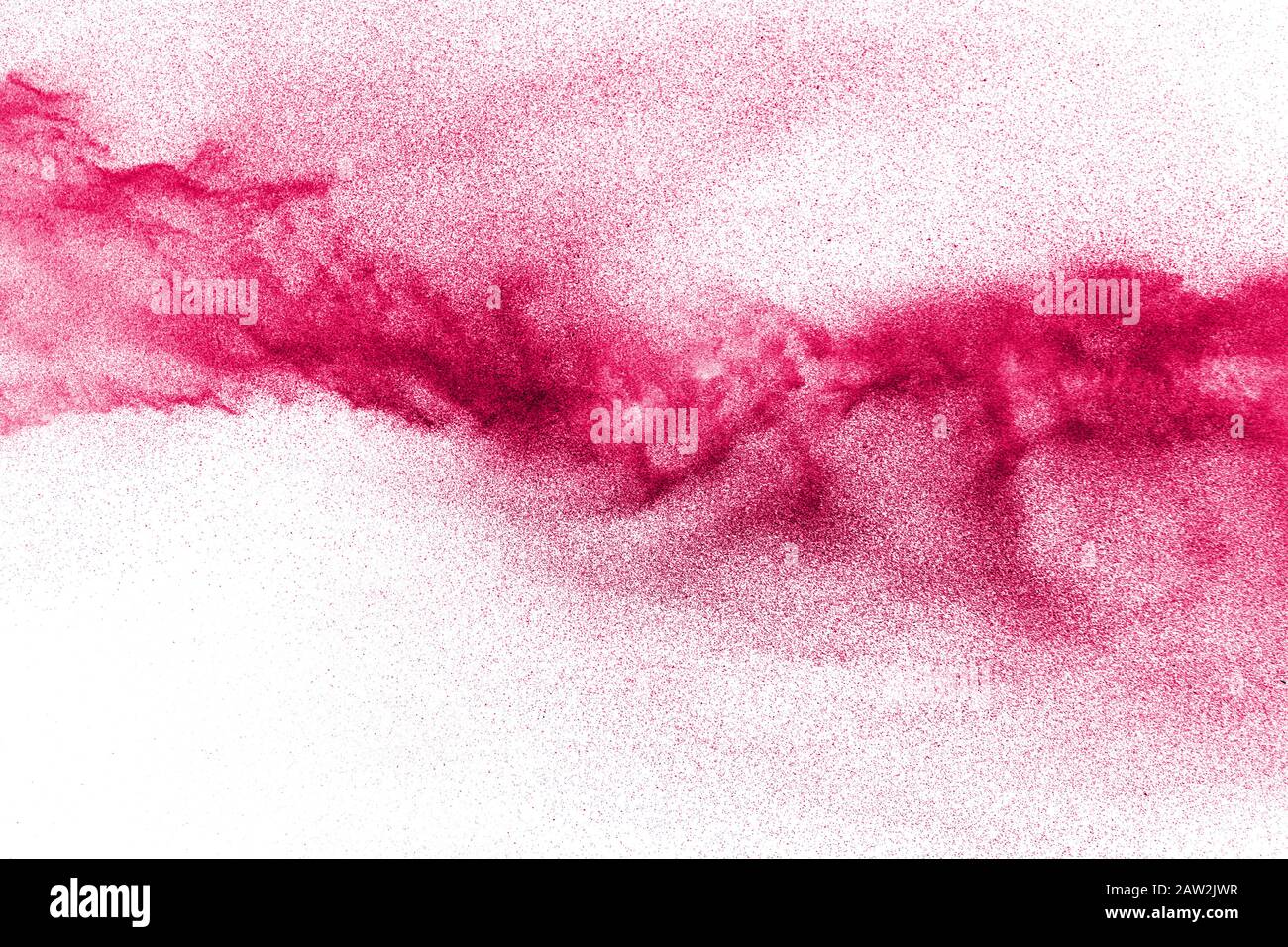 Abstract pink dust particles explosion on white background. Freeze