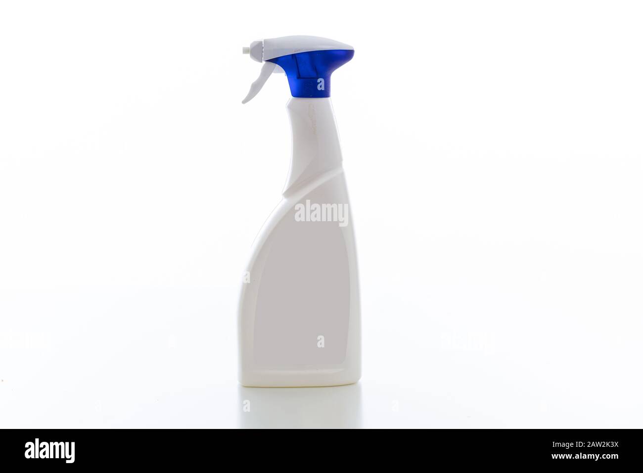 Cleaning spray bottle with blue trigger isolated against white background. Chemical detergent product no name template, blank empty label, copy space Stock Photo