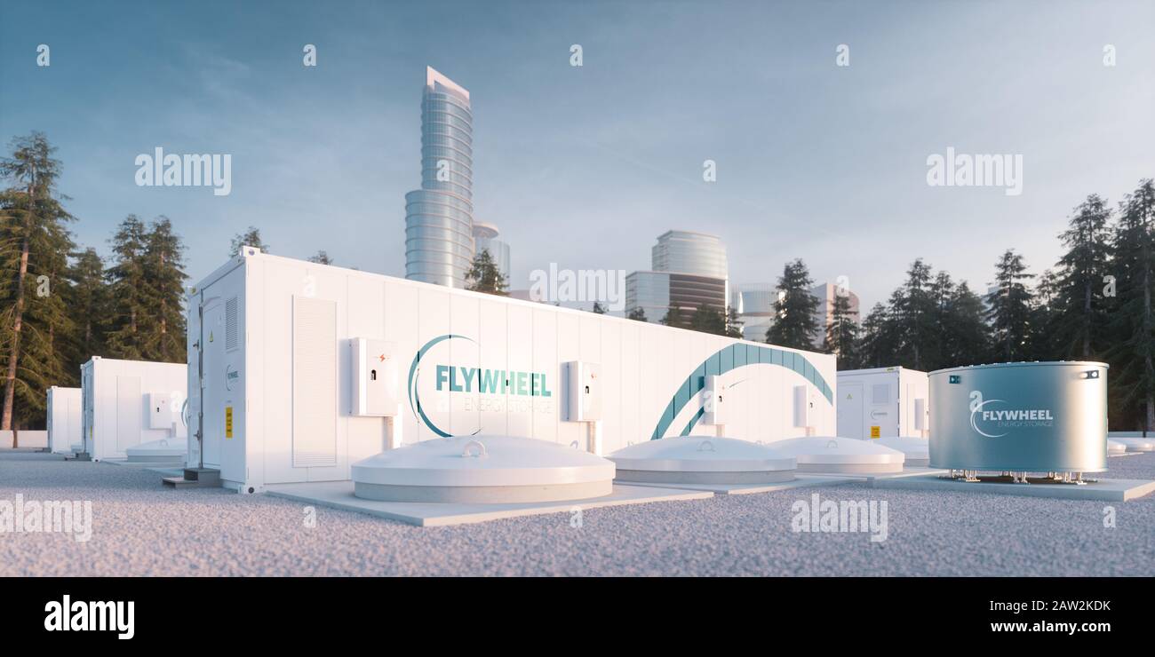 Flywheel energy storage system units designed for city electric supply. 3d rendering. Stock Photo