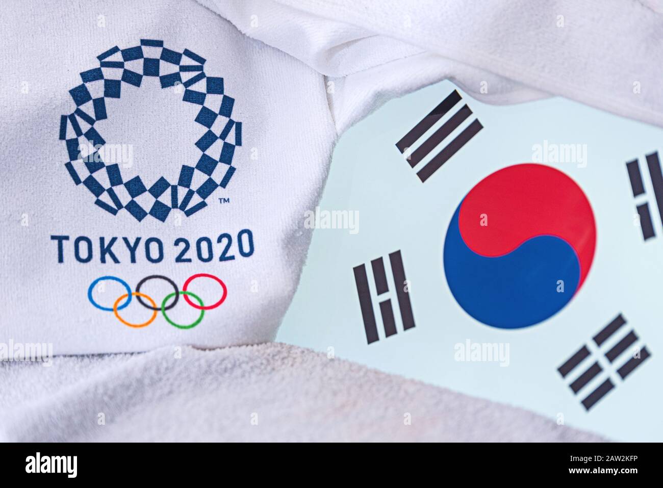 TOKYO, JAPAN, FEBRUARY. 4, 2020: South Korea National flag, official logo of summer olympic games in Tokyo 2020. White background Stock Photo