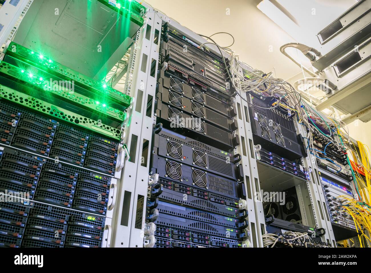 Access servers are located in a modern data center. Powerful computer