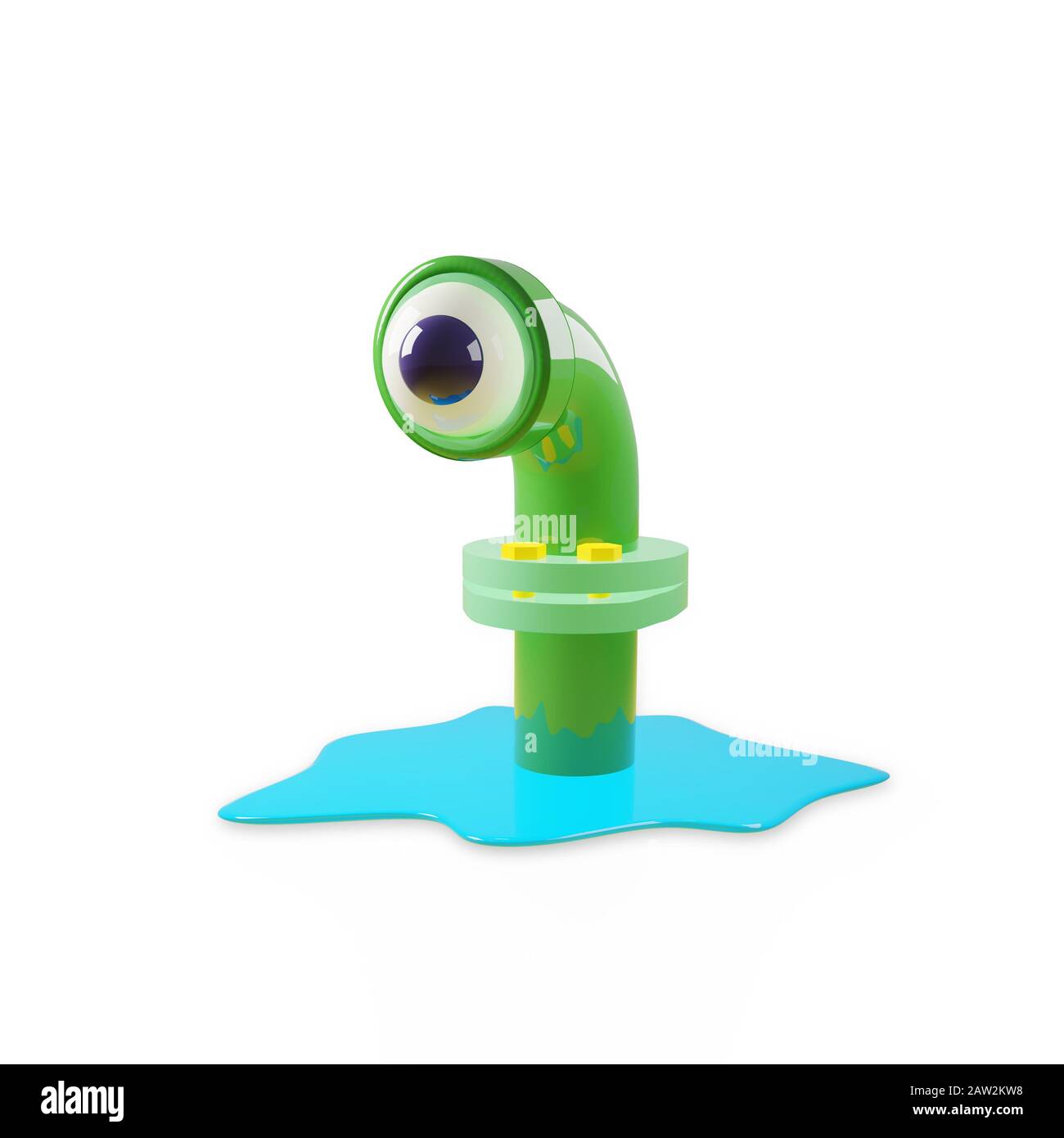 Сartoon monster in a sewer pipe in glossy green, looks with one eye, like  in a telescope of a submarine. A blue puddle of water spread around the  pipe Stock Photo -