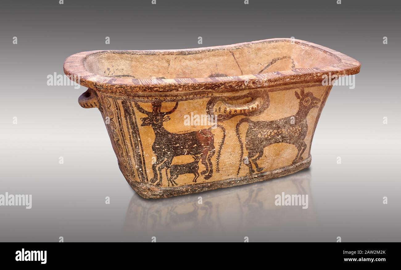 Minoan  pottery bath tub  larnax decorated with a cow nursing a calf,  Episkopi-Lerapetra 1350-1250 BC, Heraklion Archaeological  Museum, grey backgro Stock Photo