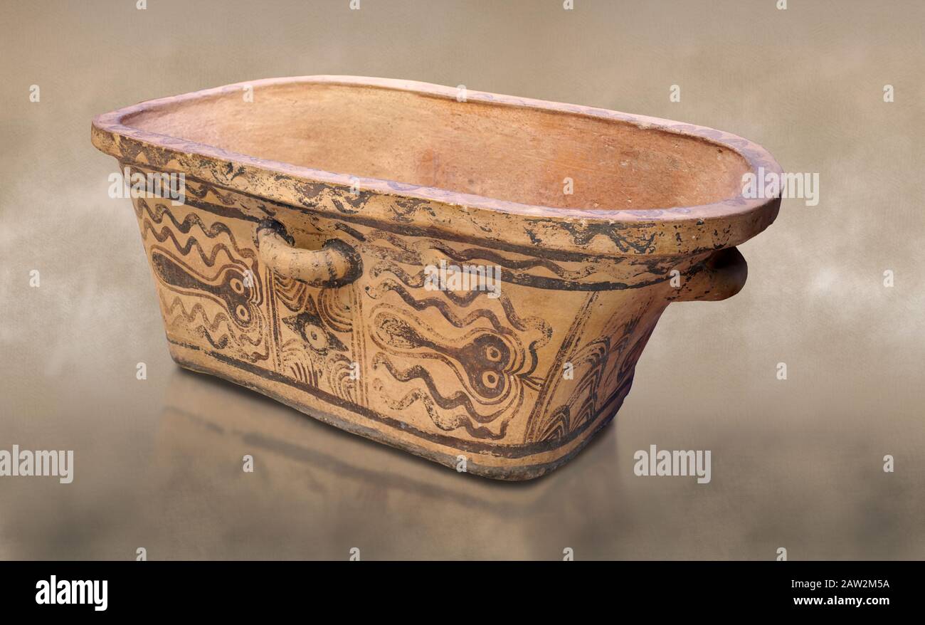 Minoan  pottery bath tub  larnax decorated with stylised octopuses,  Episkopi-Lerapetra 1350-1250 BC, Heraklion Archaeological  Museum.  To the Greeks Stock Photo
