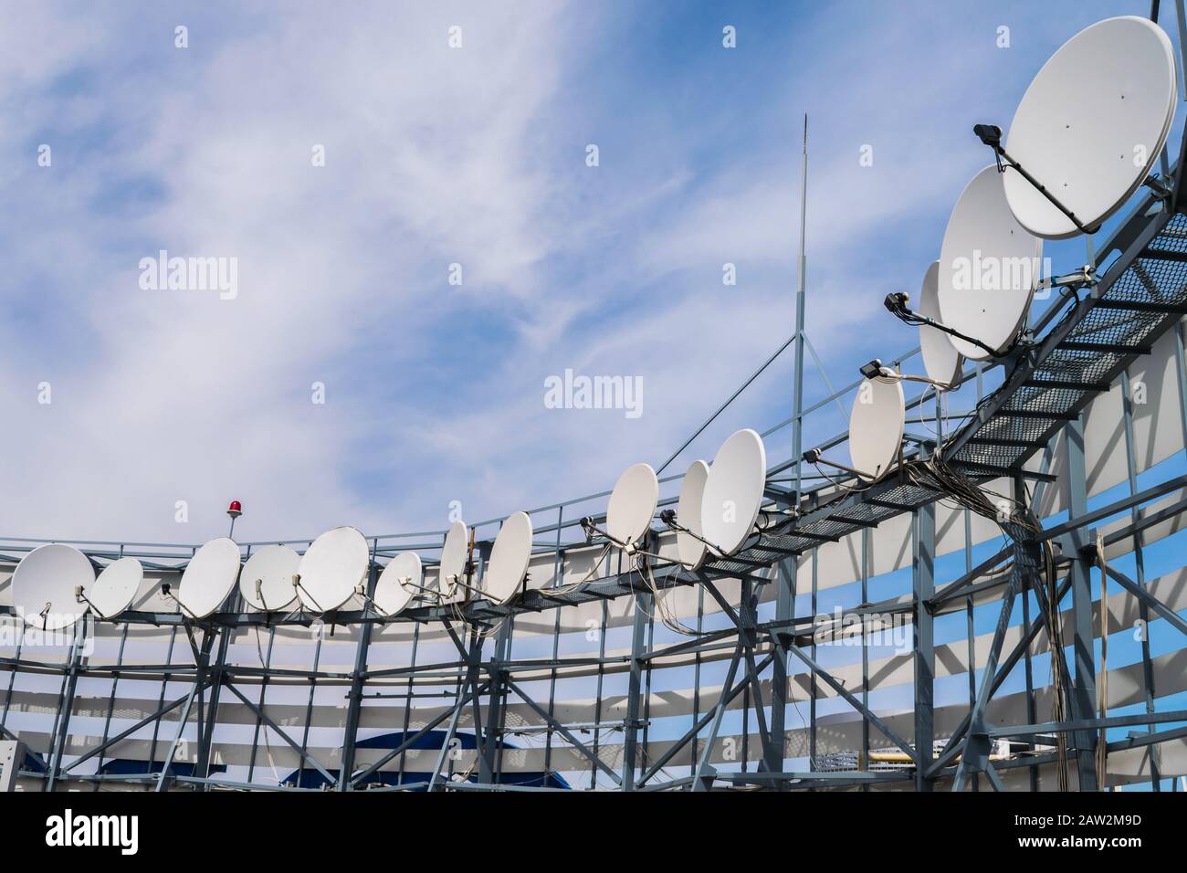 Satellite antennas installed in a circle on the iron fittings. TV