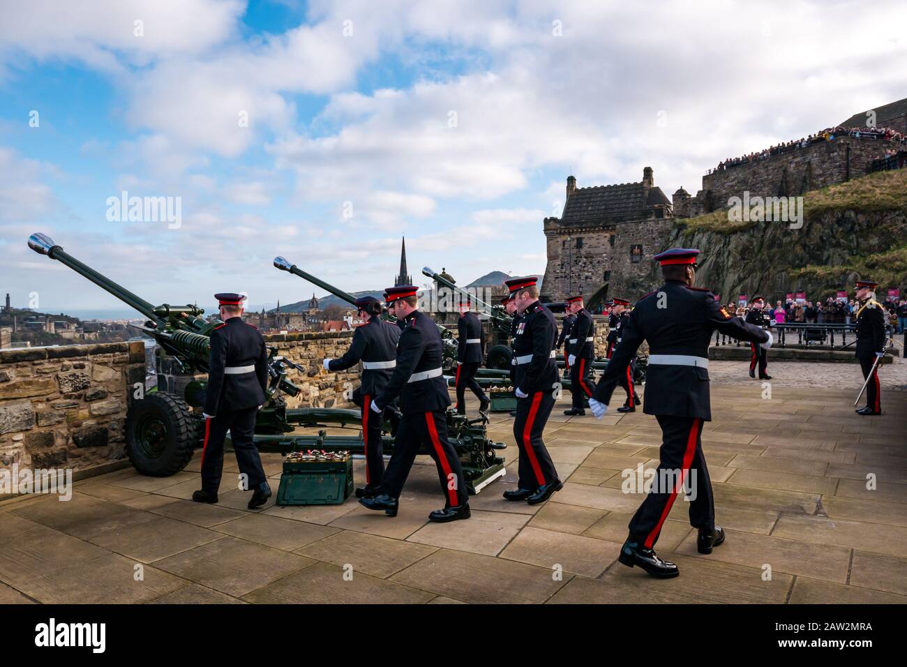 Edinburgh Castle, Edinburgh, Scotland, United Kingdom. 06th Feb, 2020. 21 Gun Salute: The salute by the 26 Regiment Royal Artillery on Mills Mount marks the occasion of the HM Queen's accession to the throne on 6th February 1952, 68 years ago, The artillery regiment prepare the L118 light guns Stock Photo