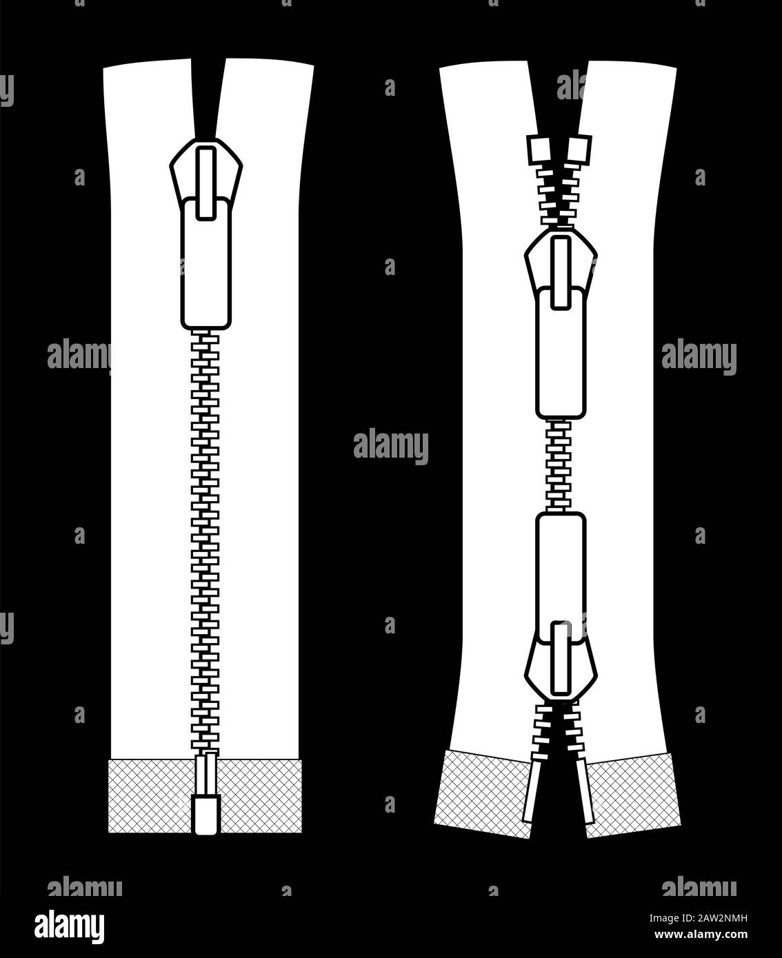 Zipper types vector illustration isolated on black background Stock