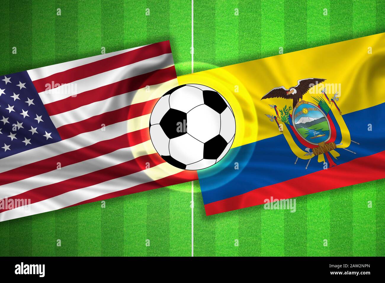 green Soccer / Football field with stripes and flags of usa / america - ecuador, and ball. Stock Photo