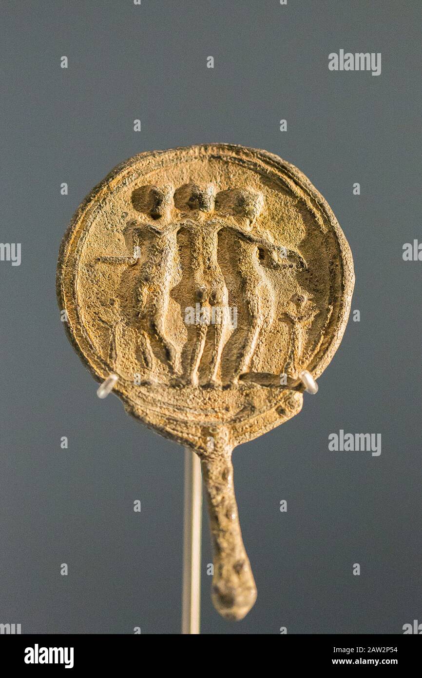 Opening visit of the exhibition “Osiris, Egypt's Sunken Mysteries”.Egypt, Alexandria, National Museum, back of a mirror depicting the 3 Graces. Stock Photo