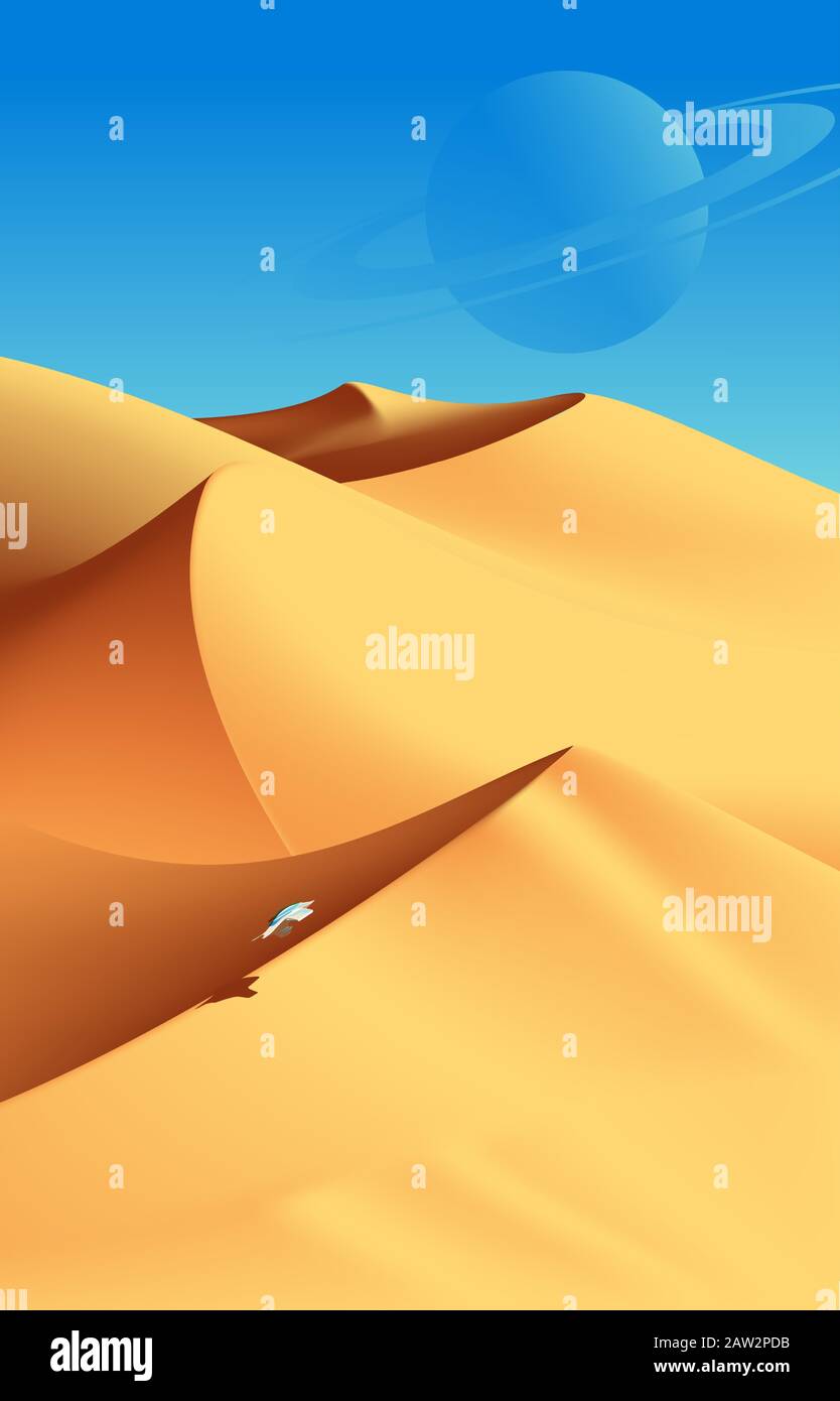 A vector illustration of the science fiction scene of an aircraft is flying over the desert on another planet somewhere in the universe. Stock Vector