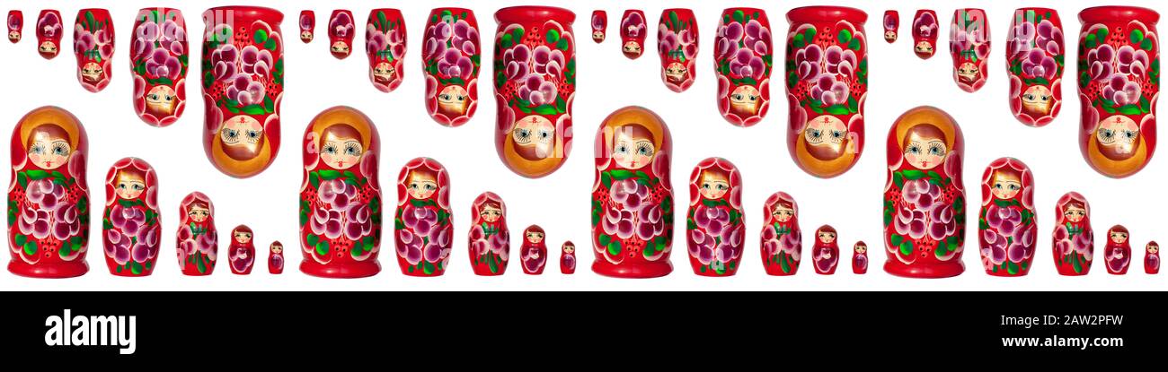 Seamless pattern of matreshka nesting dolls, white background isolated, red matrioska decorative border ornament, matryoshka backdrop, russian art Stock Photo