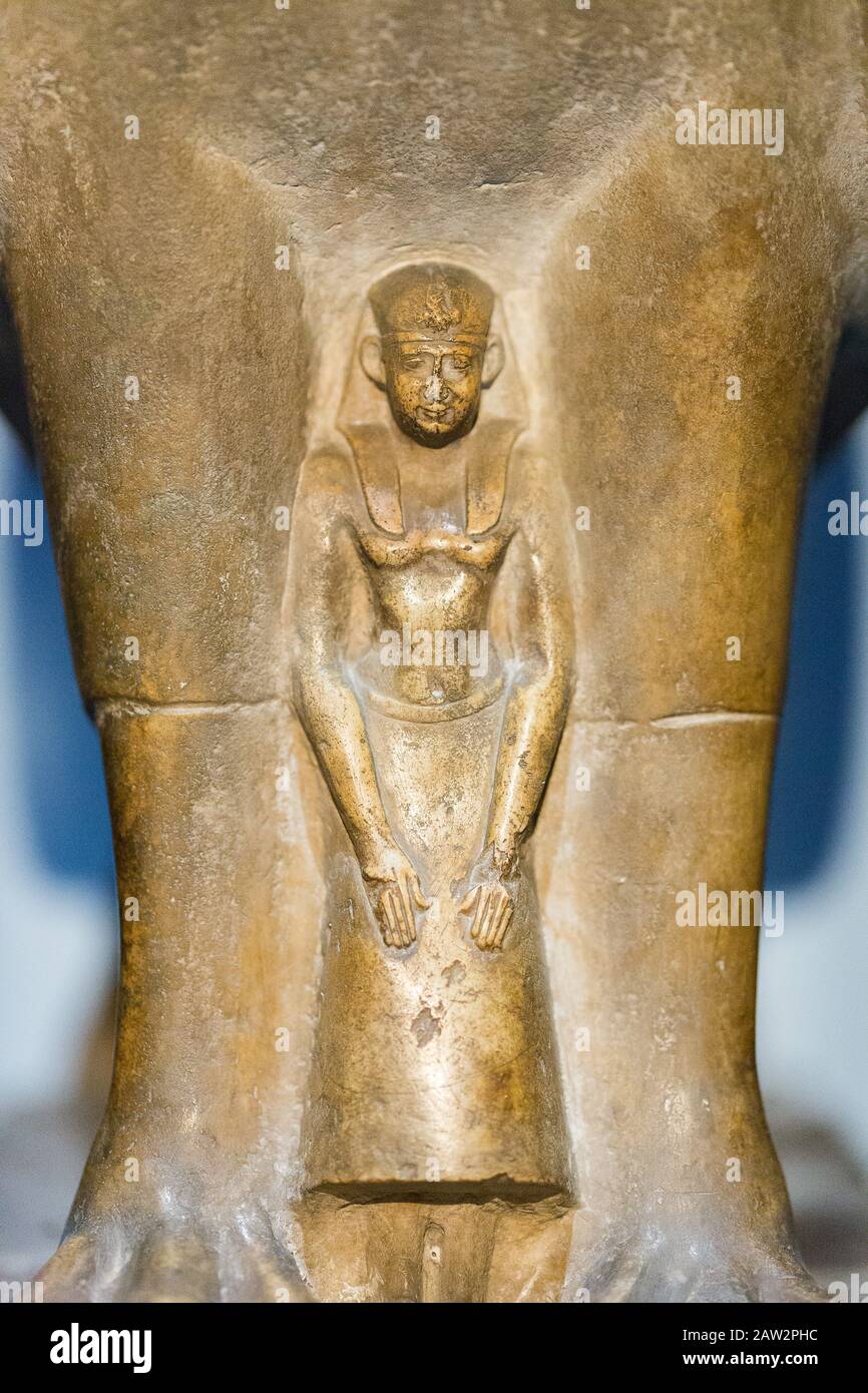 Opening visit of the exhibition “Osiris, Egypt's Sunken Mysteries”.Cairo, Egyptian Museum, the king is protected by a falcon (probably the god Horus). Stock Photo