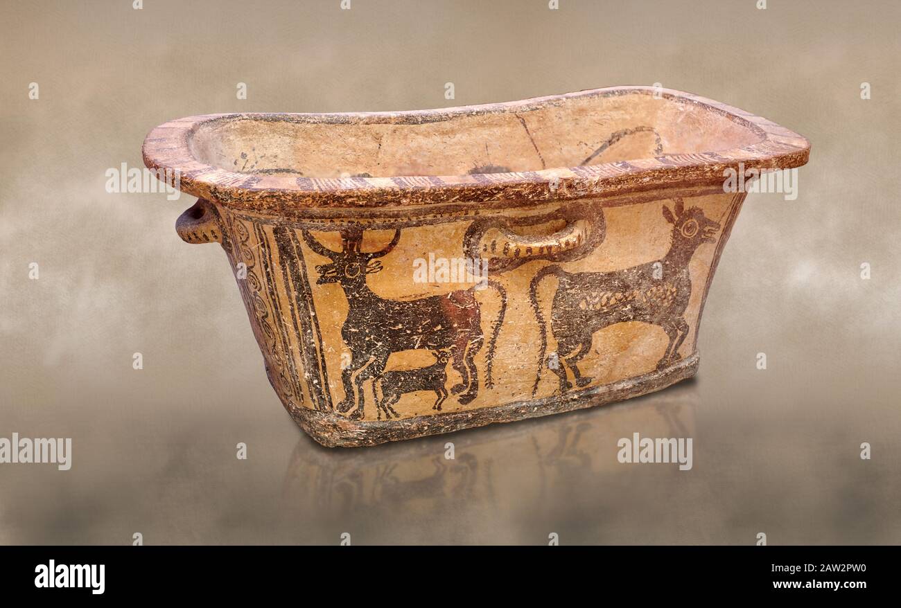 Minoan  pottery bath tub  larnax decorated with a cow nursing a calf,  Episkopi-Lerapetra 1350-1250 BC, Heraklion Archaeological  Museum.  To the Gree Stock Photo