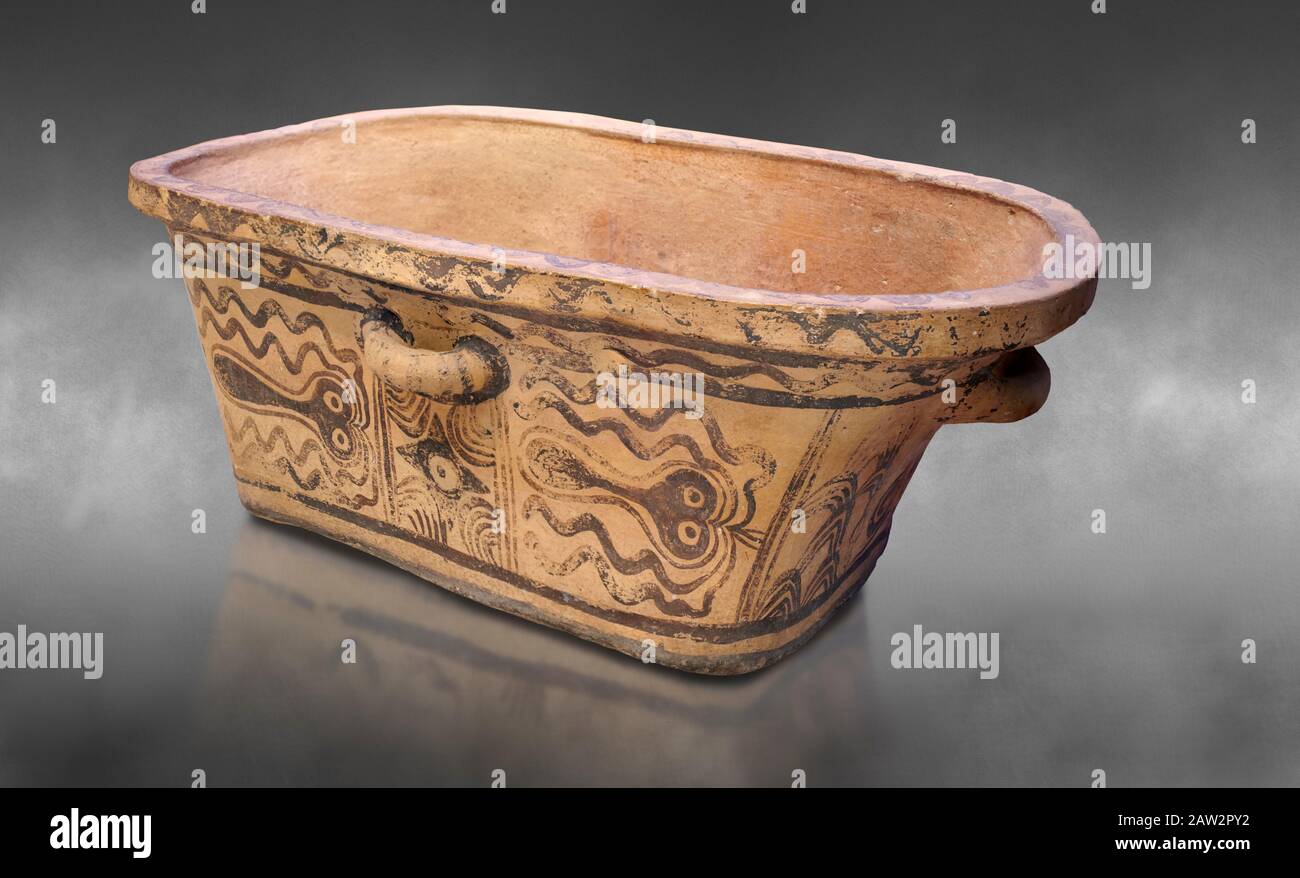Minoan  pottery bath tub  larnax decorated with stylised octopuses,  Episkopi-Lerapetra 1350-1250 BC, Heraklion Archaeological  Museum, grey backgroun Stock Photo