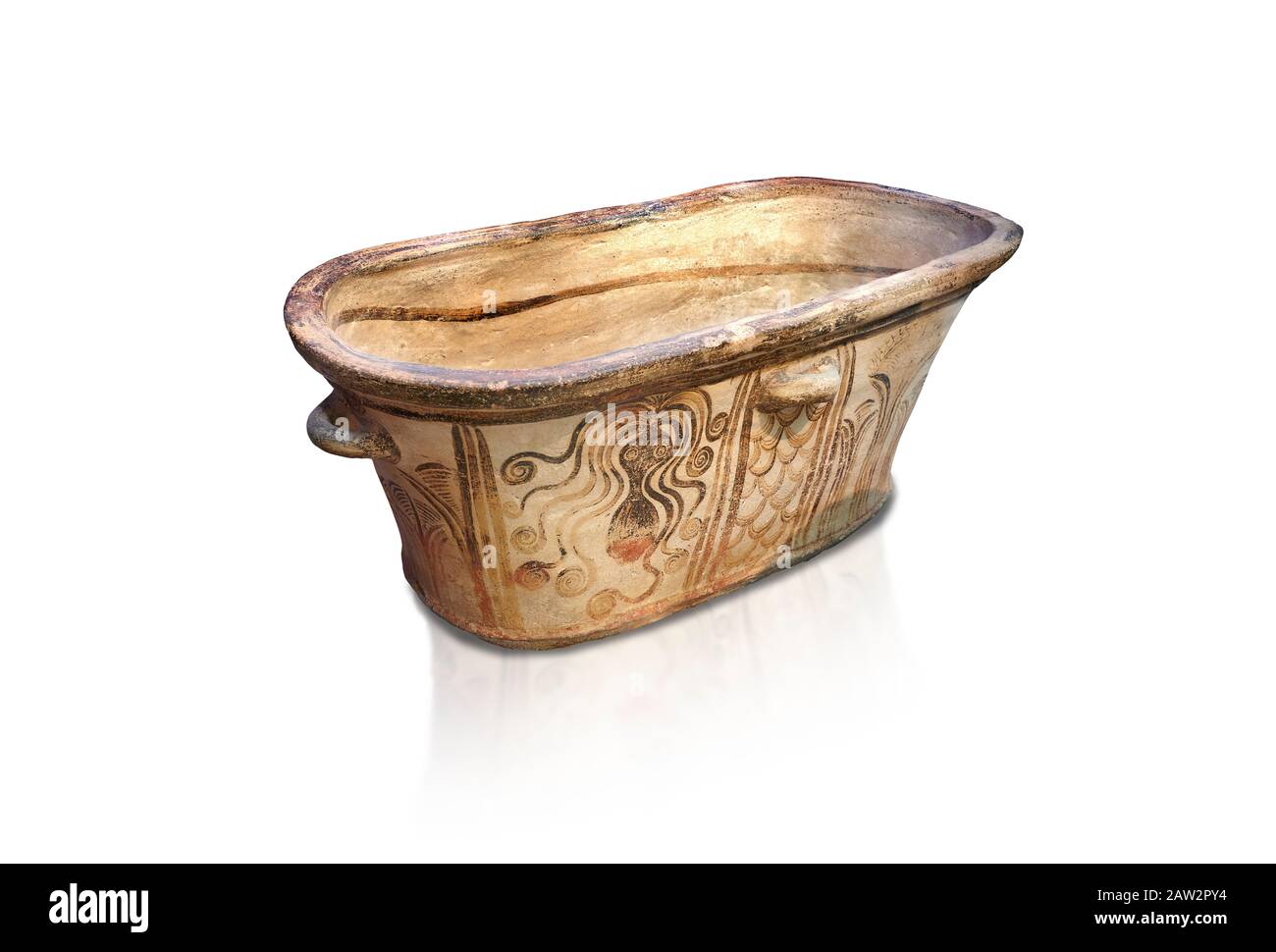 Minoan  pottery bath tub  larnax decorated with stylised octopuses,  Episkopi-Lerapetra 1350-1250 BC, Heraklion Archaeological  Museum, white backgrou Stock Photo