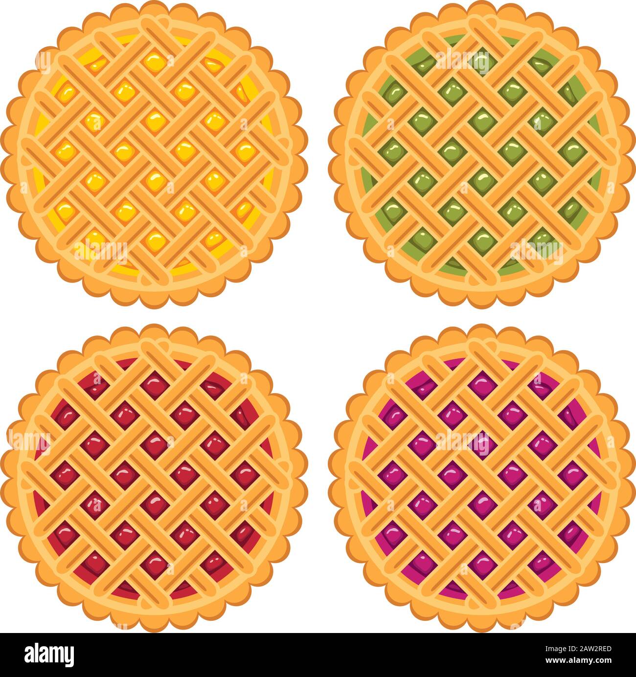 vector collection of homemade fruit and berry pies for christmas, thanksgiving and all kinds of holidays. homemade crostata baking icons isolated on w Stock Vector
