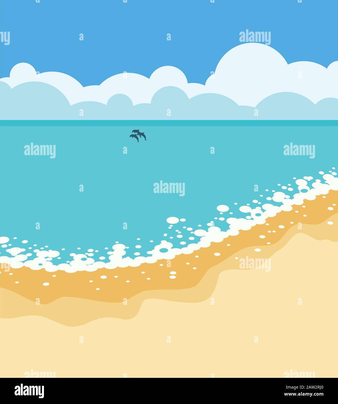 vector summer tropical background with sandy beach, sea or ocean shore, water wave, blue sky and clouds Stock Vector