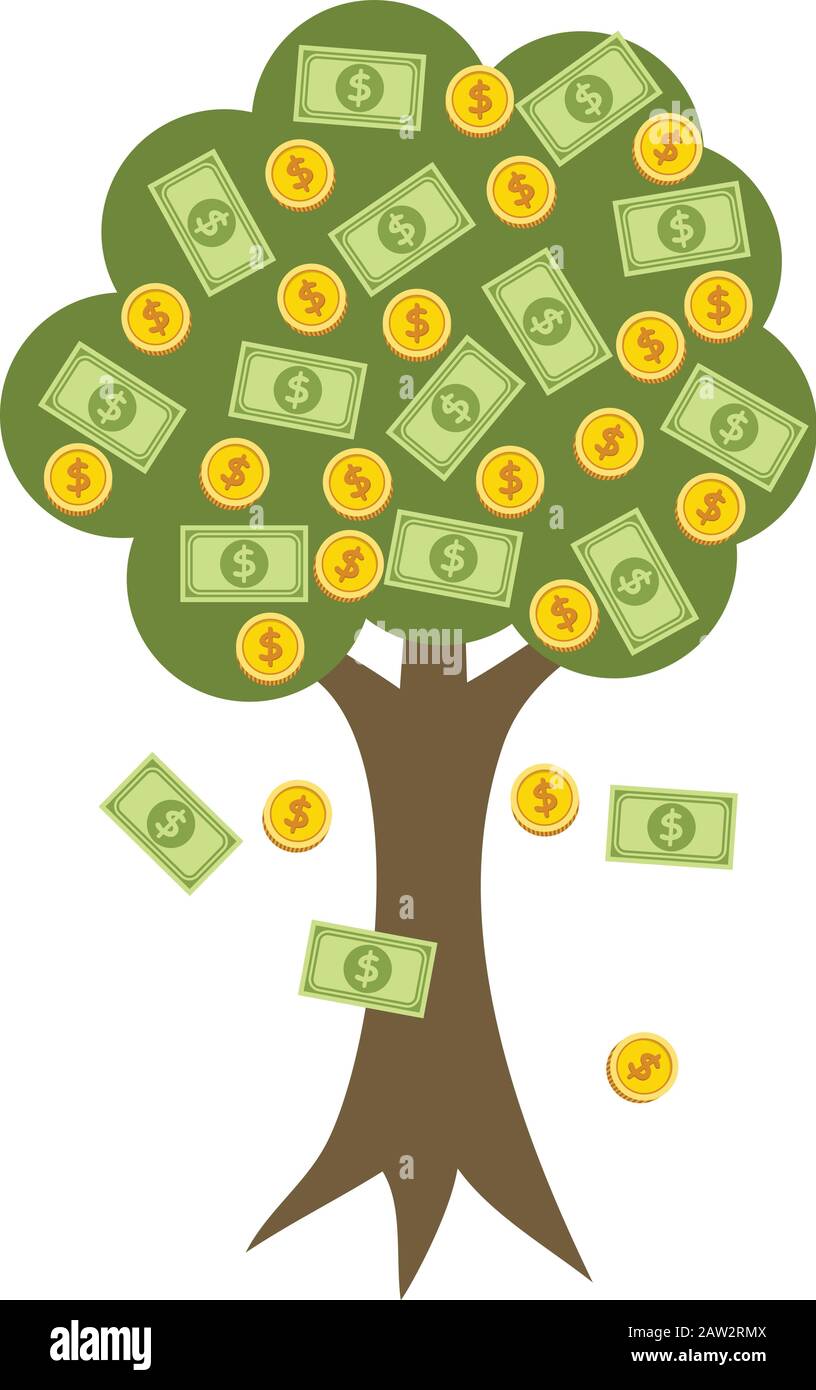 vector money tree with golden coins as fruits and dollars as green leaves. business growth finance illustration concept. bank investment or loan symbo Stock Vector