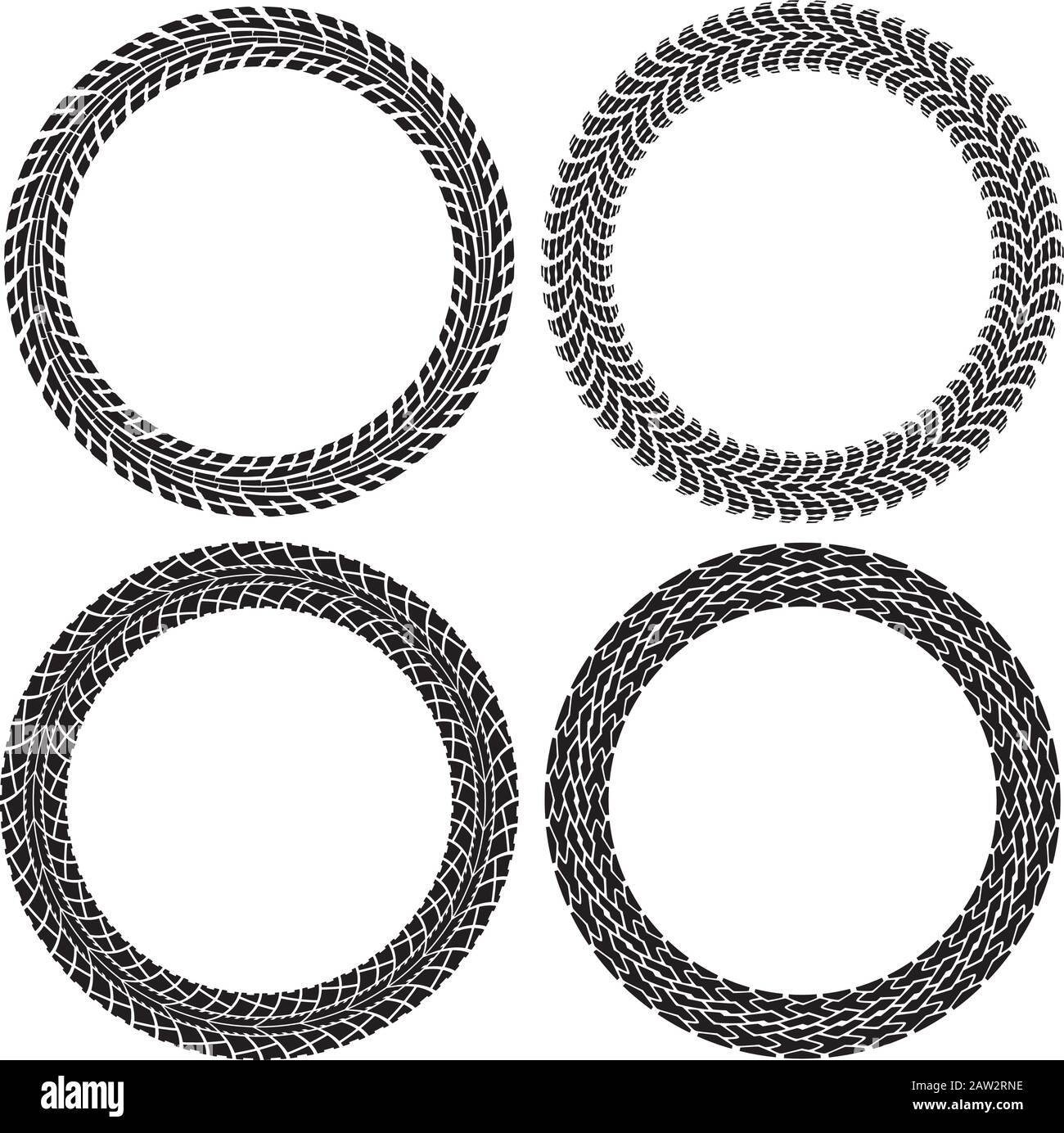 vector set of round tire tracks. tractor and car circle patterns. design of tyre prints and copy-space for your text. black and white illustration Stock Vector