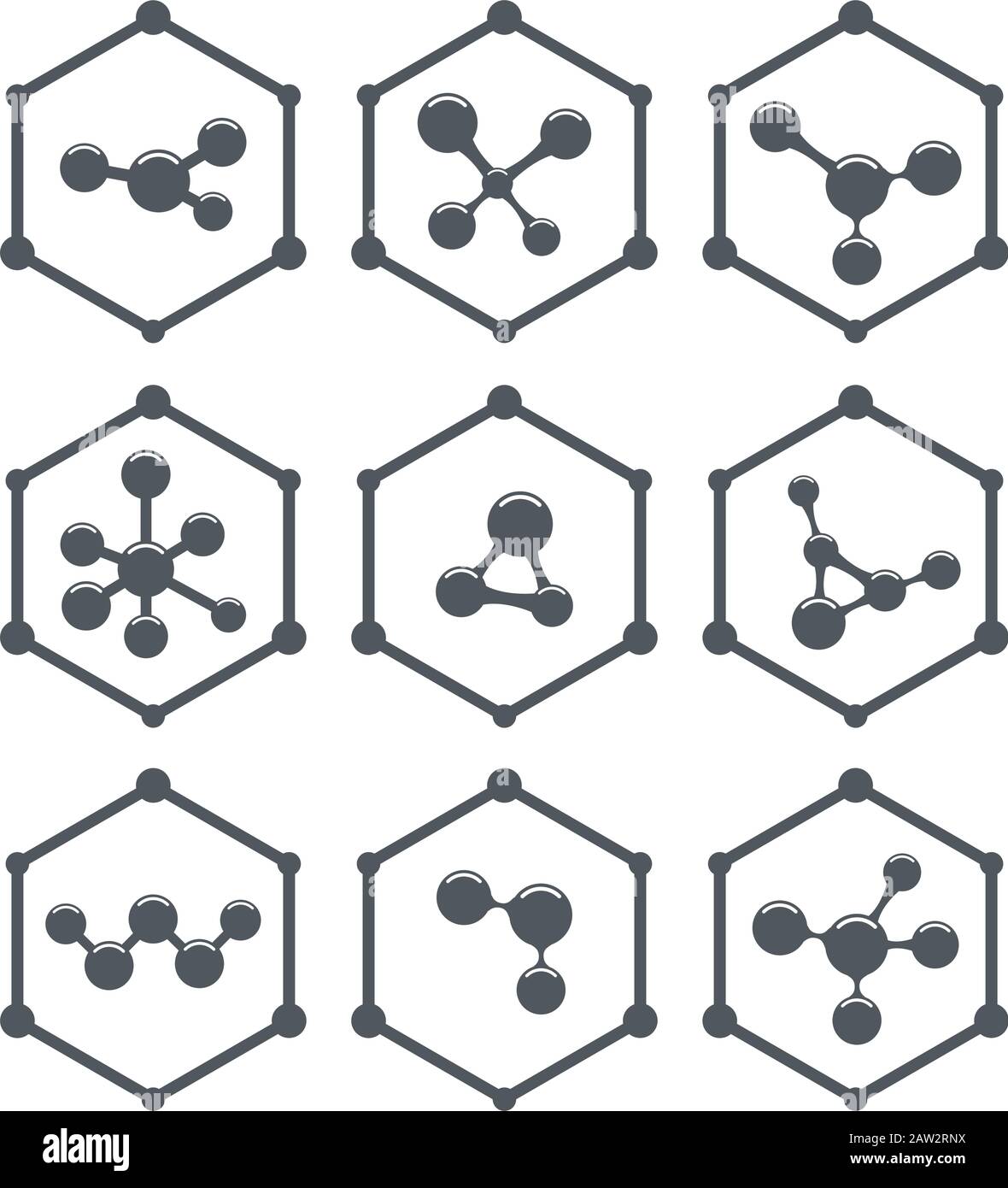 vector abstract molecule icons design. hexagon science or medical logo isolated on white background. set of flat gray color molecules Stock Vector