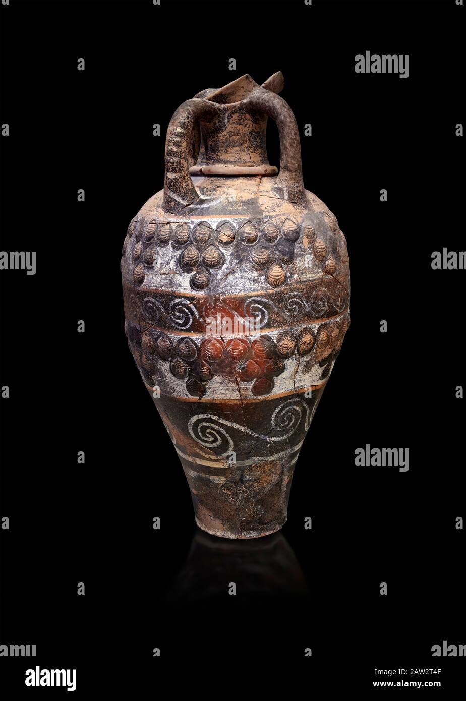 Minoan Kamares Ware ewer jug with applique seashell decorations , Phaistos 1800-1700 BC; Heraklion Archaeological  Museum, black background.  This sty Stock Photo