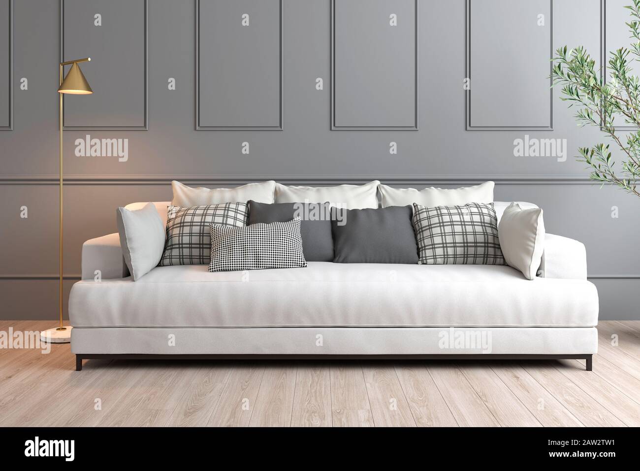 3D rendering of interior design with grey wall, white sofa and golden lamp Stock Photo