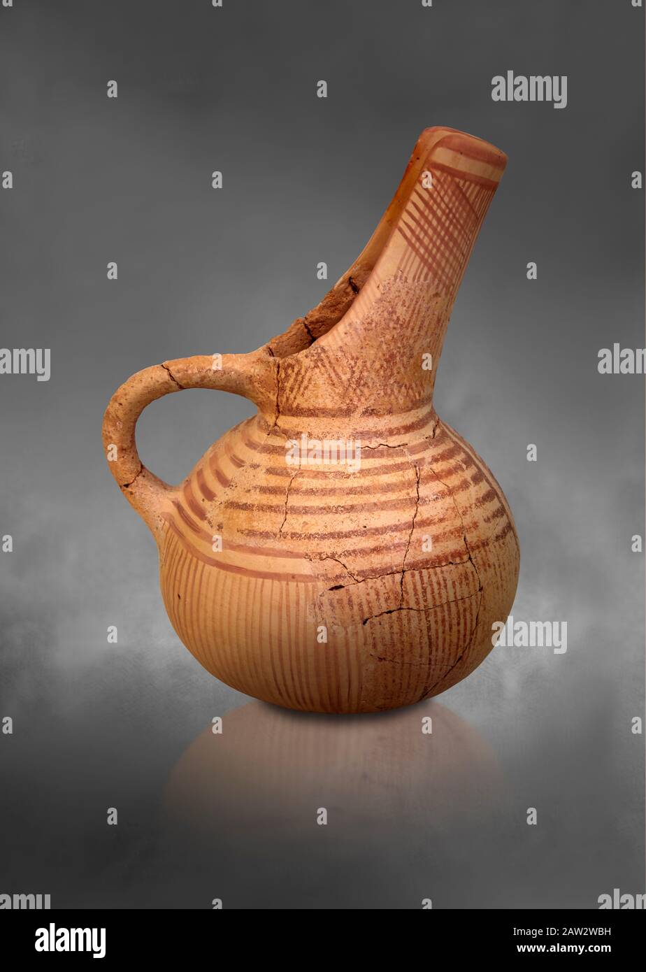 Very early Minoan single handled jug butial goods, Pygros burial cave,  3000-2600 BC BC, Heraklion Archaeological  Museum, grey background. Stock Photo