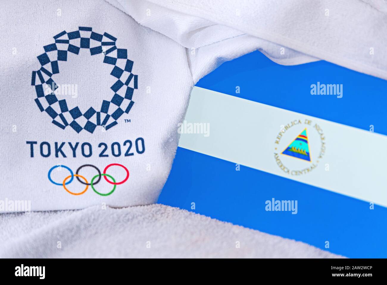 TOKYO, JAPAN, FEBRUARY. 4, 2020: Nicaragua National flag, official logo