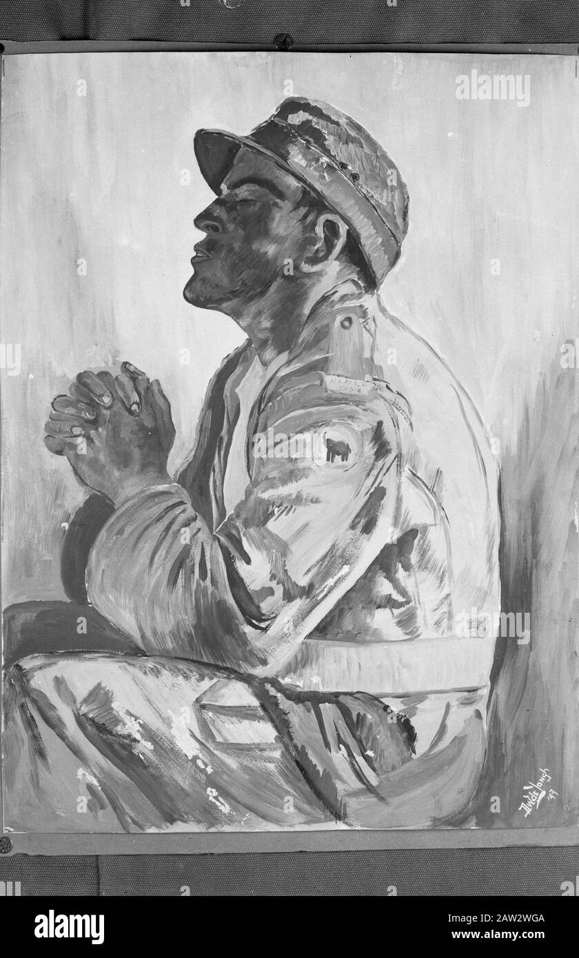 Reproductions of drawings  Portrait of a praying soldier KNIL batljon Gadjah Merah, D.W. signed de Jongh, 1947 Date: 01/01/1947 Location: Indonesia Dutch East Indies Stock Photo
