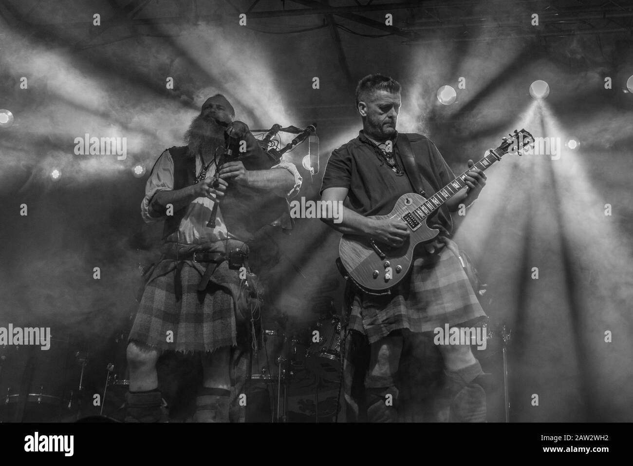 Milan, Italy - April 25, 2018: Scottish folk-band Saor Patrol, from Kincardine in Scotland, performs Insubria Festival of Marcallo con Casone (MI). Br Stock Photo