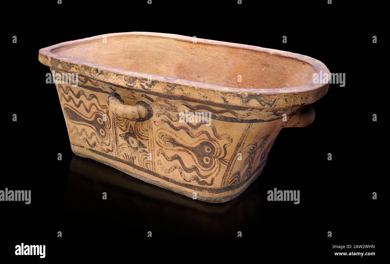 Minoan  pottery bath tub  larnax decorated with stylised octopuses,  Episkopi-Lerapetra 1350-1250 BC, Heraklion Archaeological  Museum, black backgrou Stock Photo