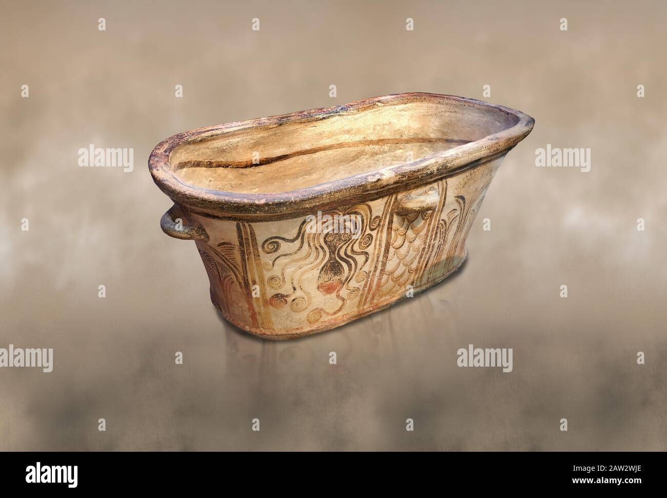 Minoan  pottery bath tub  larnax decorated with stylised octopuses,  Episkopi-Lerapetra 1350-1250 BC, Heraklion Archaeological  Museum.  To the Greeks Stock Photo