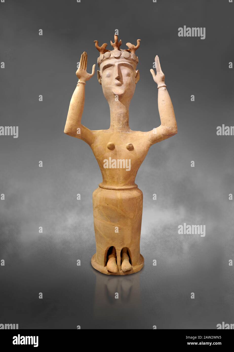 Minoan Postpalatial terracotta goddess statue with raised arms and bird ...