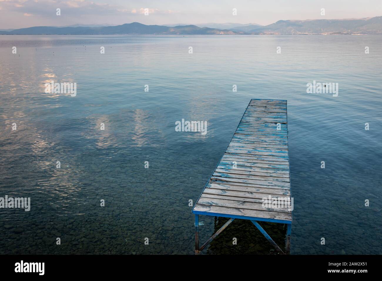 Wooden jetty at Lake Ohrid, North Macedonia Stock Photo