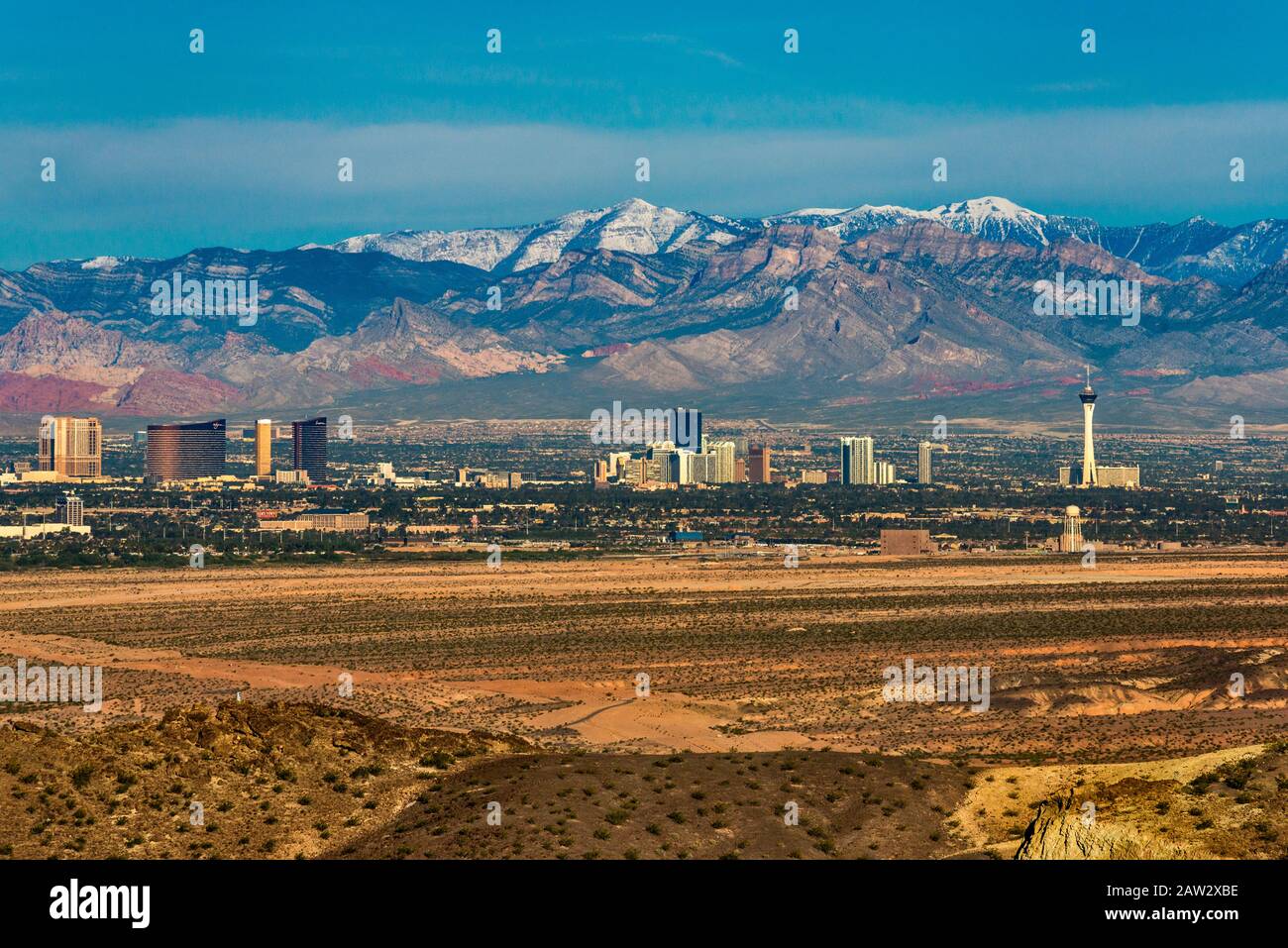 Skyline of Las Vegas, snowcapped Spring Mountains in distance, view in  April from Grand Mediterra Blvd in Henderson, Nevada, USA Stock Photo -  Alamy