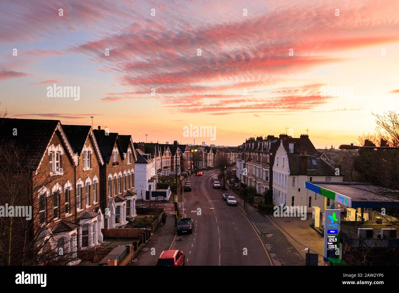 Stapleton Hall Road at sunset, from Parkland Walk, Haringey, London, UK